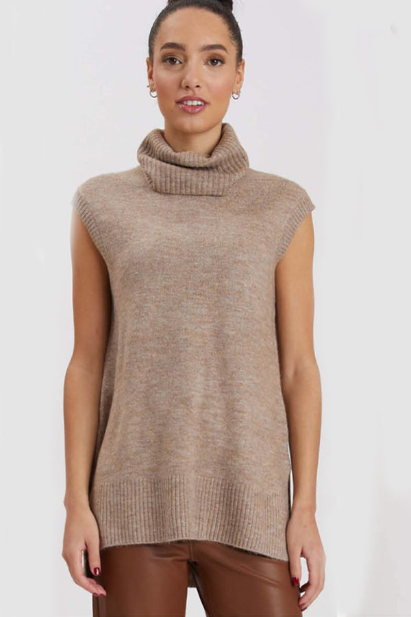 Beige Sleeveless Turtleneck Sweater