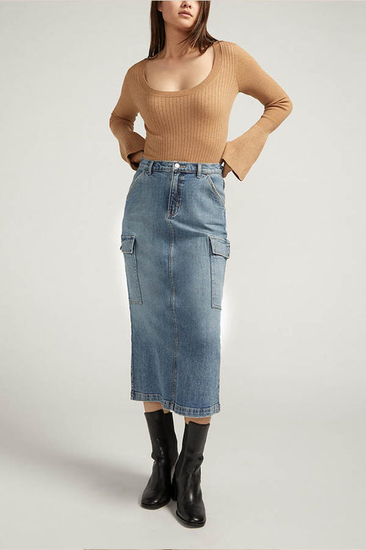 Silver Cargo Midi Jean Skirt