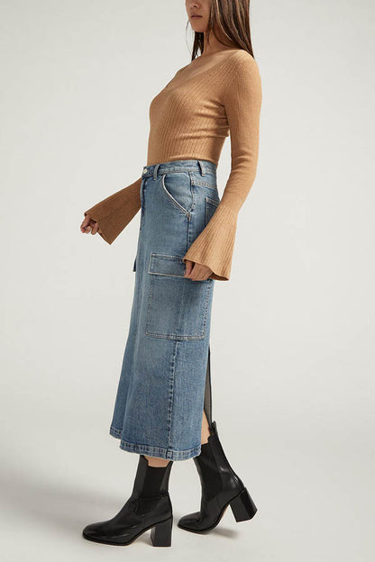 Silver Cargo Midi Jean Skirt