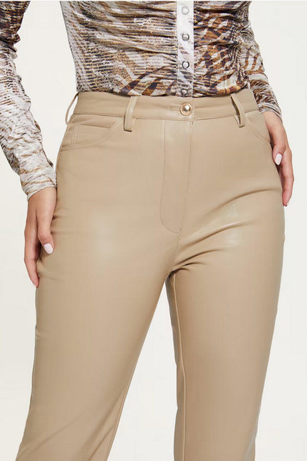 High Rise Wide Leg Leather Pants in Beige