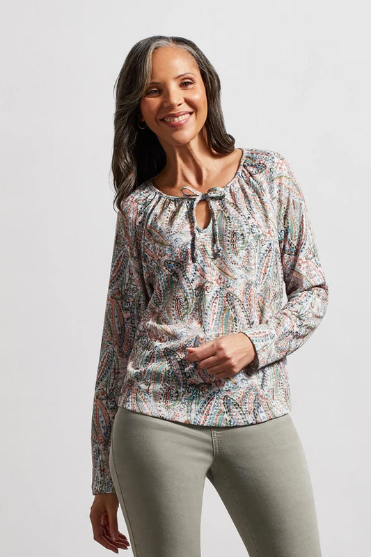 Tribal Printed Tie-Neck Peasant Top